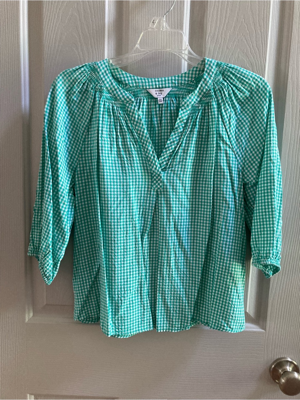EUC Crown & Ivy Green Gingham Peasant Top